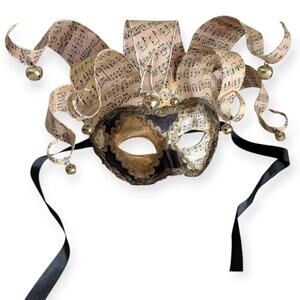 Venetian Jolly Mask with Musical Notes Golden Bells Handmade in Italy Masquerade